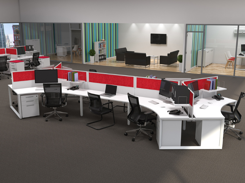A multi user office desking system made up of white Anvil Desks with Red Screens