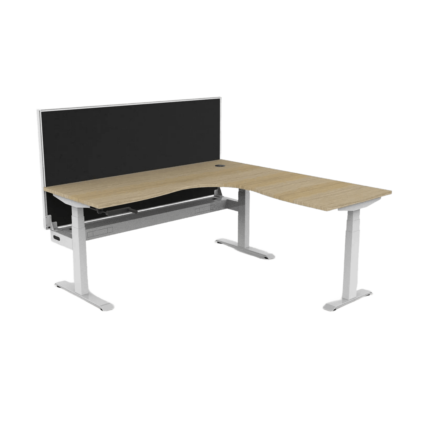 Boost Crank Corner Workstation 1500x1500x750 / Natural Oak Top / White Frame / With Cable Tray With Screen