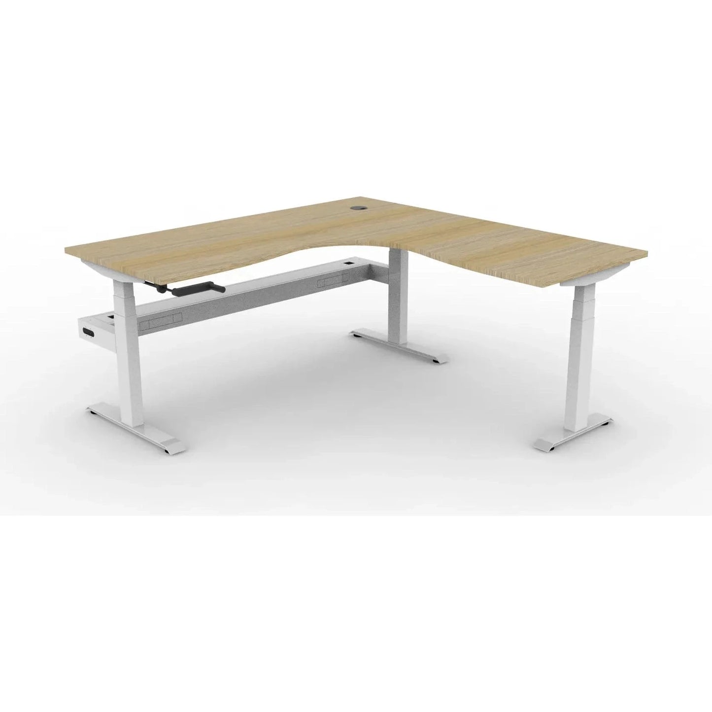 Boost Crank Corner Workstation 1500x1500x750 / Natural Oak Top / White Frame / With Cable Tray/No Screen