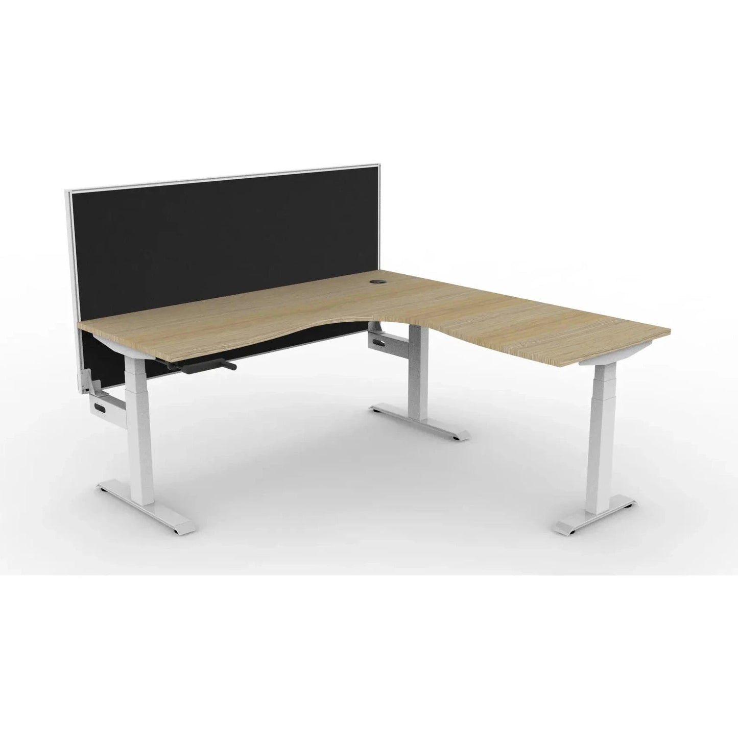 Boost Crank Corner Workstation 1500x1500x750 / Natural Oak Top / White Frame / No Cable Tray/With Screen