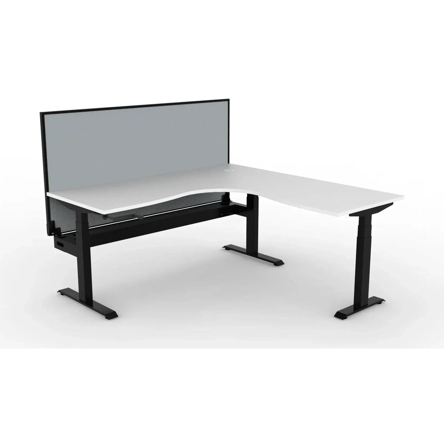 Boost Crank Corner Workstation 1500x1500x750 / White Top / Black Frame / With Cable Tray With Screen