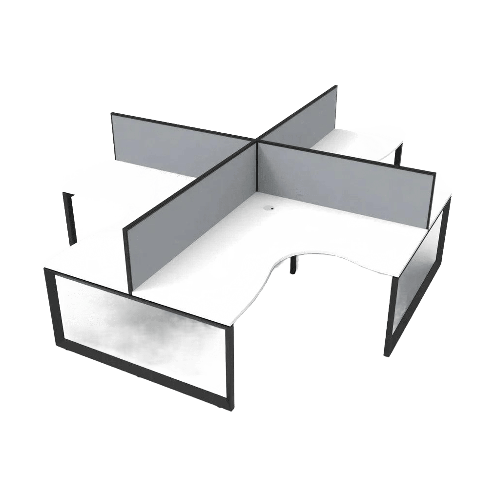 Deluxe Loop 4 Person Corner Workstation with Screens 4 x 1500x1500x750 / White Top / Black Frame / Grey Screen / Black Frame