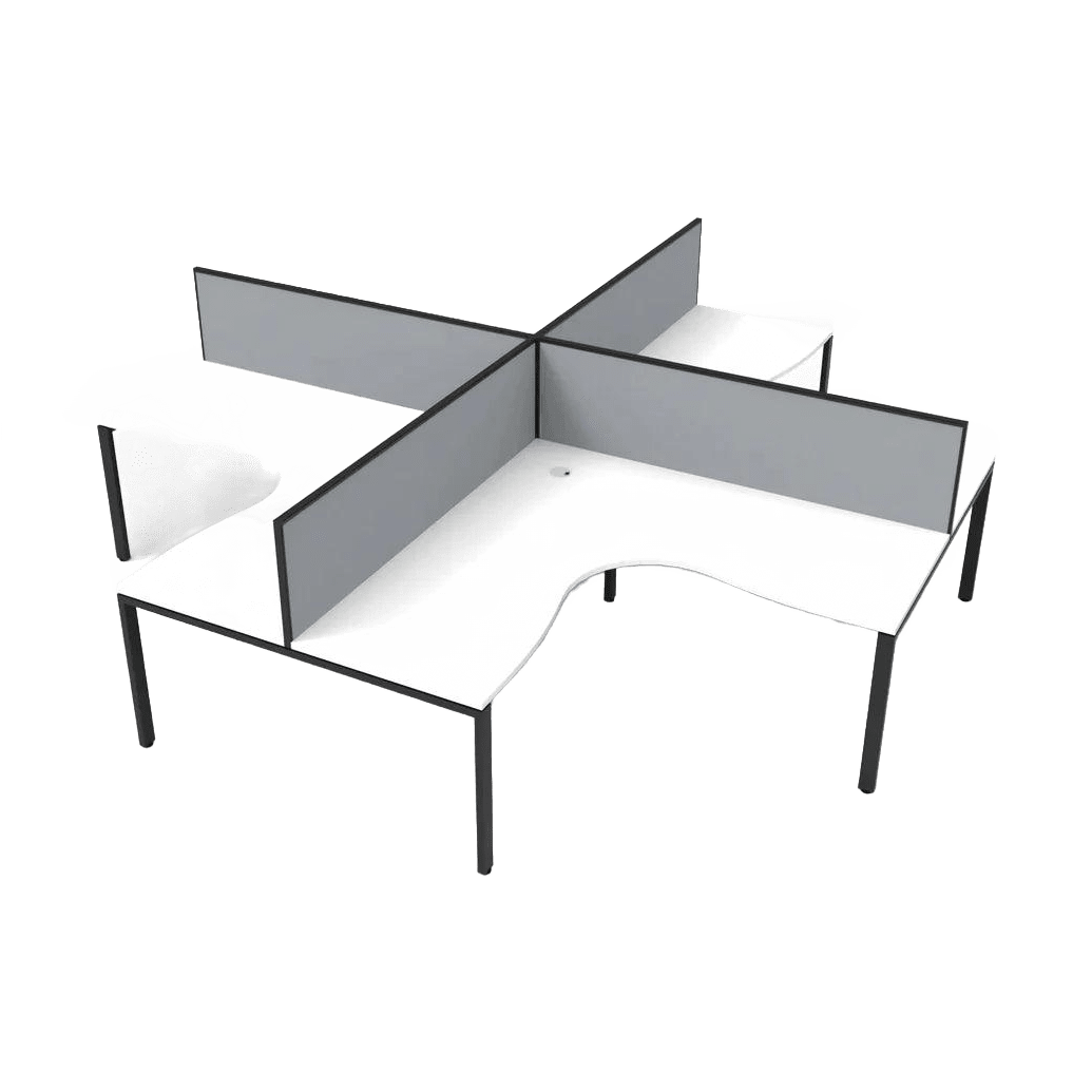 Deluxe Profile 4 Person Corner Workstation with Screens 3030x3030 / White Top / Black Frame / Grey Screen / Black Frame