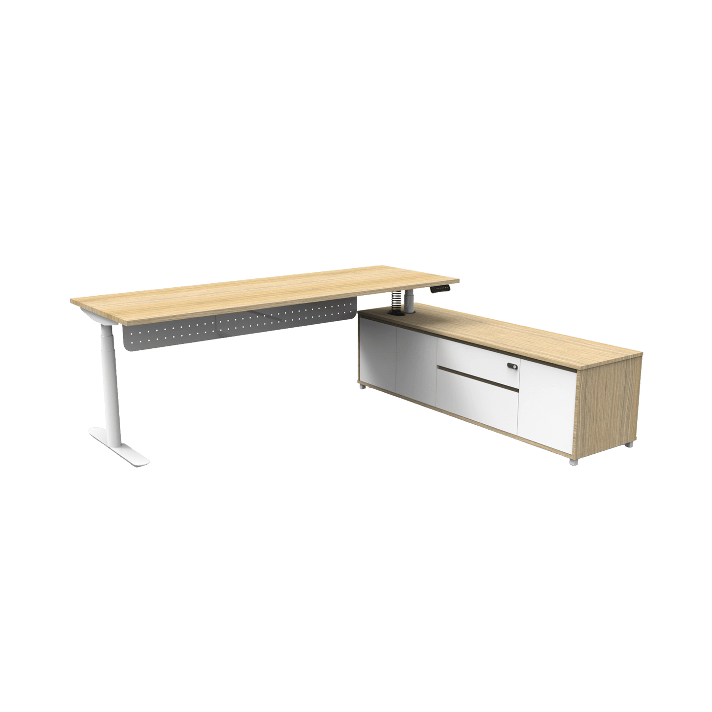 Halo+ Executive Desk with Cabinet in White Frame Oak Top 1800x1800x750 LHS Cabinet Return Yes