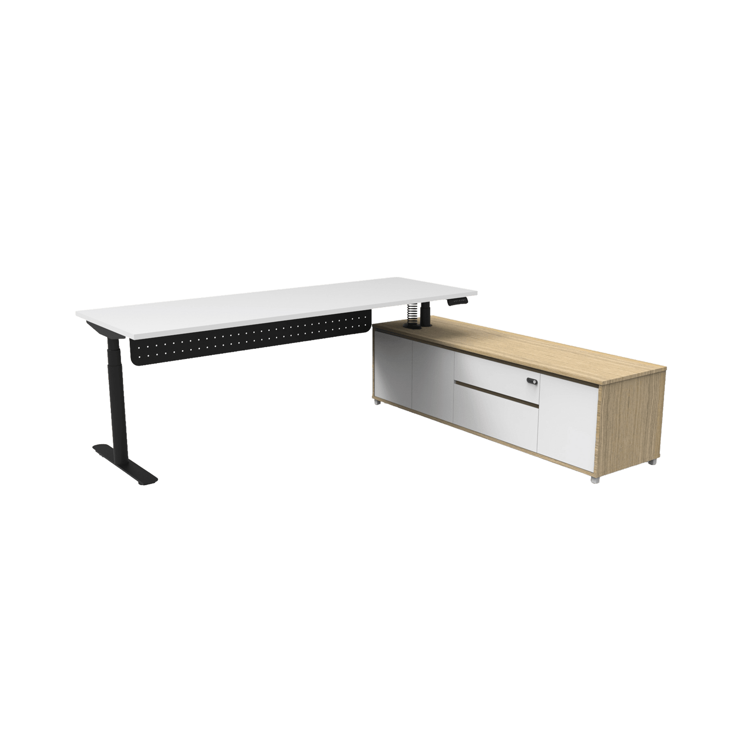 Halo+ Executive Desk with Cabinet in White Frame White Top 1800x1800x750 LHS Cabinet Return Yes