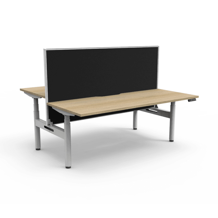 Halo Plus Back to Back Height Adjustable Workstations 1200x750 / Natural Oak Top / White Frame / No Cable Tray/With Screen