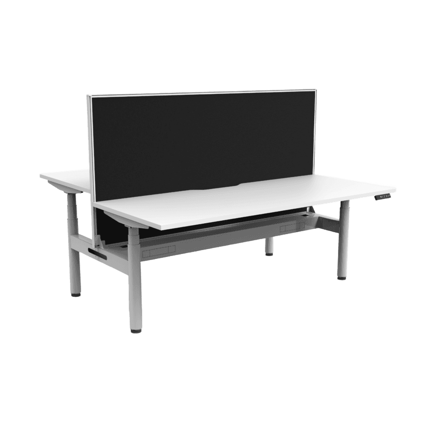 Halo Plus Back to Back Height Adjustable Workstations 1200x750 / White Top / White Frame / With Cable Tray With Screen