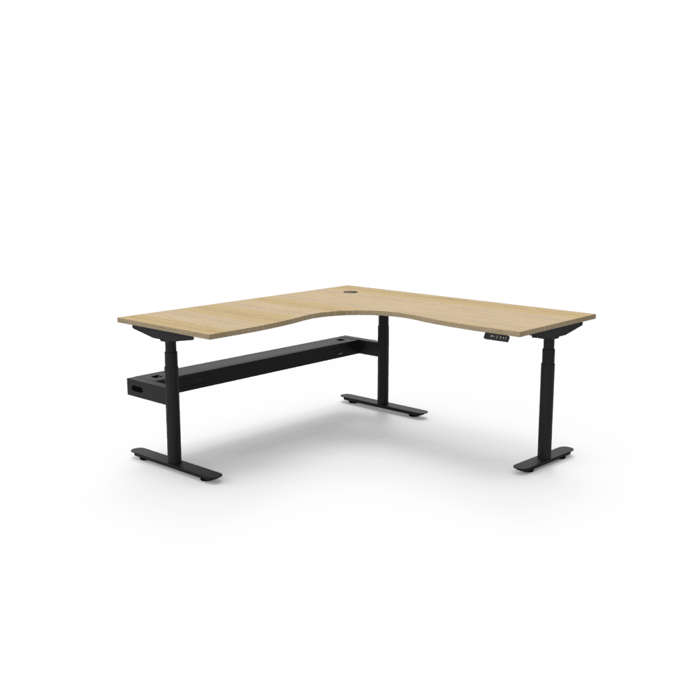 Halo Plus Corner Electric Height Adjustable Desk 1500x1500 / Natural Oak Top / Black Frame / With Cable Tray/No Screen