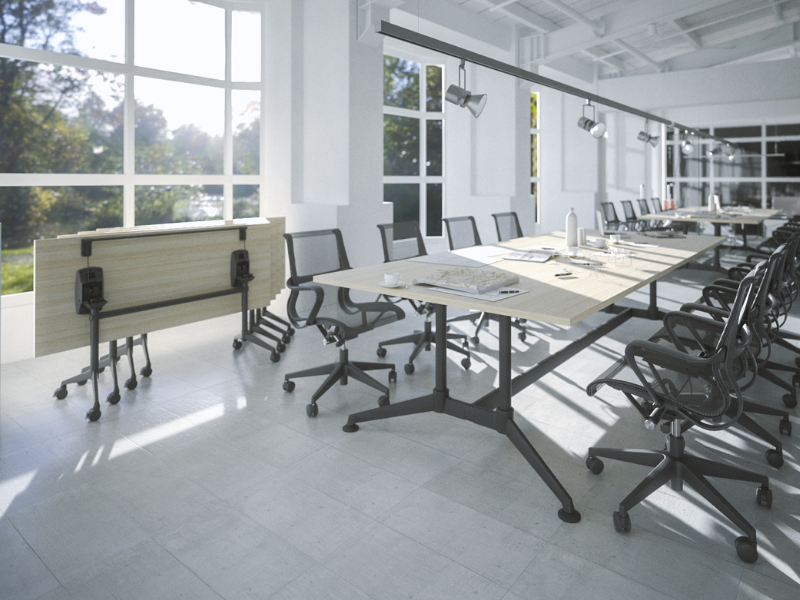 Modulus flip table and modulus boardroom table being used in a airy boardroom 