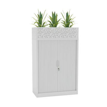 Agile Steel Locking Tambour Unit With Adjustable Shelf White Powdercoat With Plantar Box - Office Furniture Company