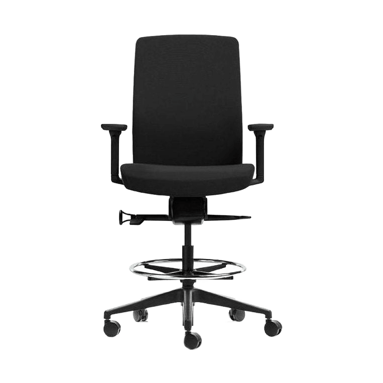 Aveya Black Fully Upholstered Drafting Chair Multi Directional Adjustable Arms Black Nylon Base - Office Furniture Company
