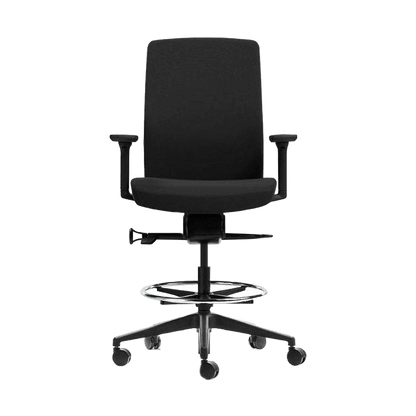 Aveya Black Fully Upholstered Drafting Chair Multi Directional Adjustable Arms Black Nylon Base - Office Furniture Company