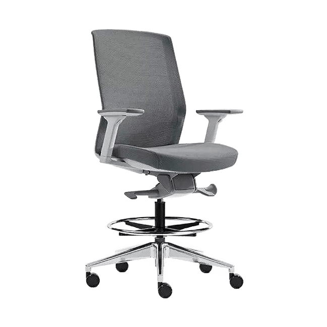 Aveya White Ergonomic Drafting Chair Adjustable Arms Polished Aluminium Grey Fabric / Grey Mesh