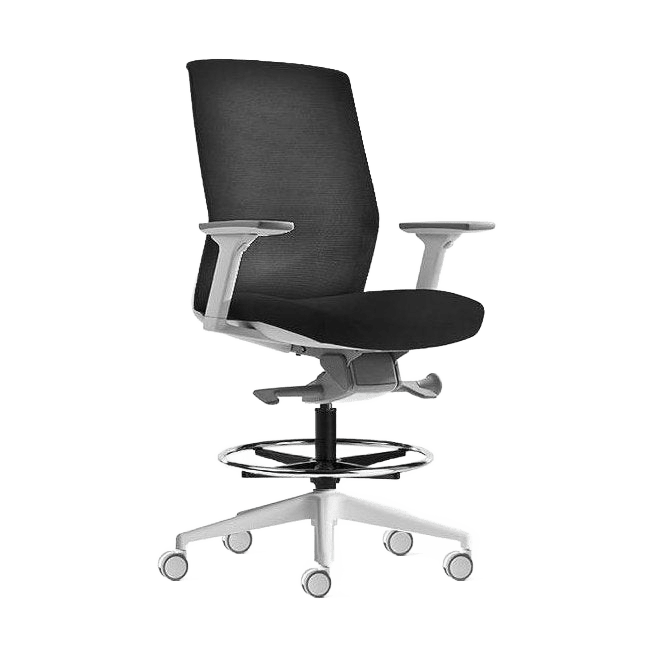Aveya White Ergonomic Drafting Chair Adjustable Arms White Plastic Base Black Fabric / Black Mesh