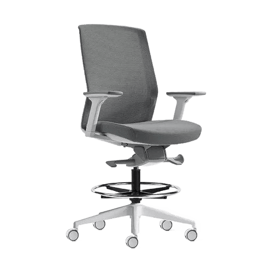 Aveya White Ergonomic Drafting Chair Adjustable Arms / White Plastic Base / Grey Fabric / Grey Mesh