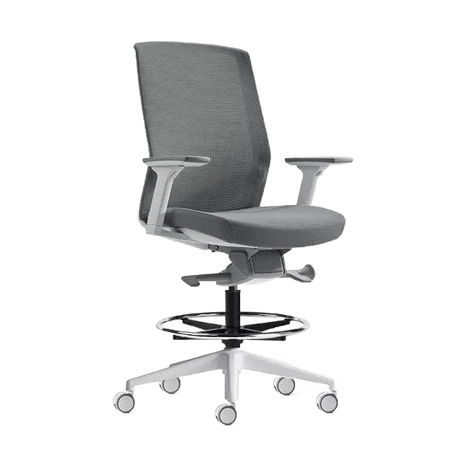 Aveya White Ergonomic Drafting Chair Adjustable Arms White Plastic Base Grey Fabric / Grey Mesh