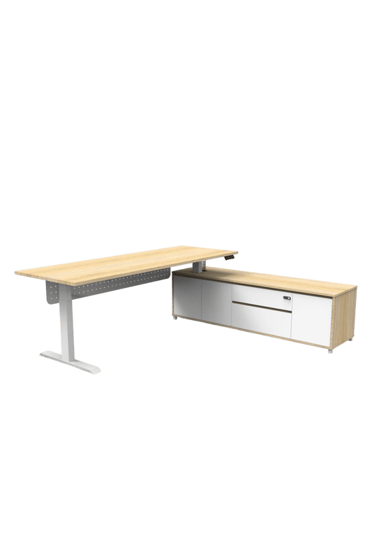 Boost+ Executive Desk In White Frame Oak Top 1800x1800x750 LHS Cabinet Return Yes