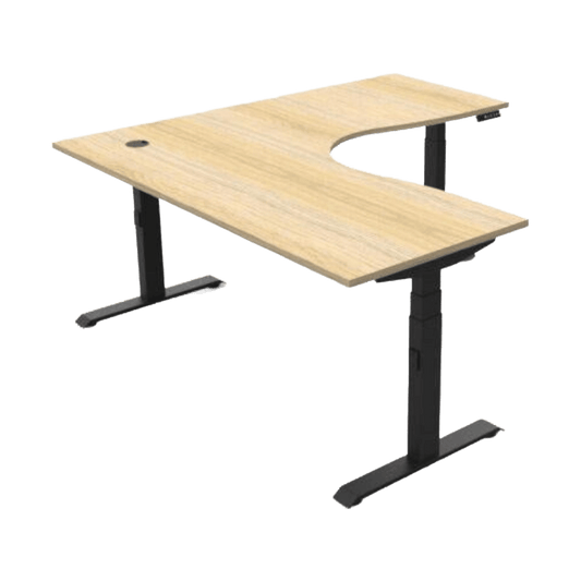 Boost Height Adjustable Corner Workstation 1500 X 1500 Natural Oak Top & Black Frame No Cable Tray - Office Furniture Company
