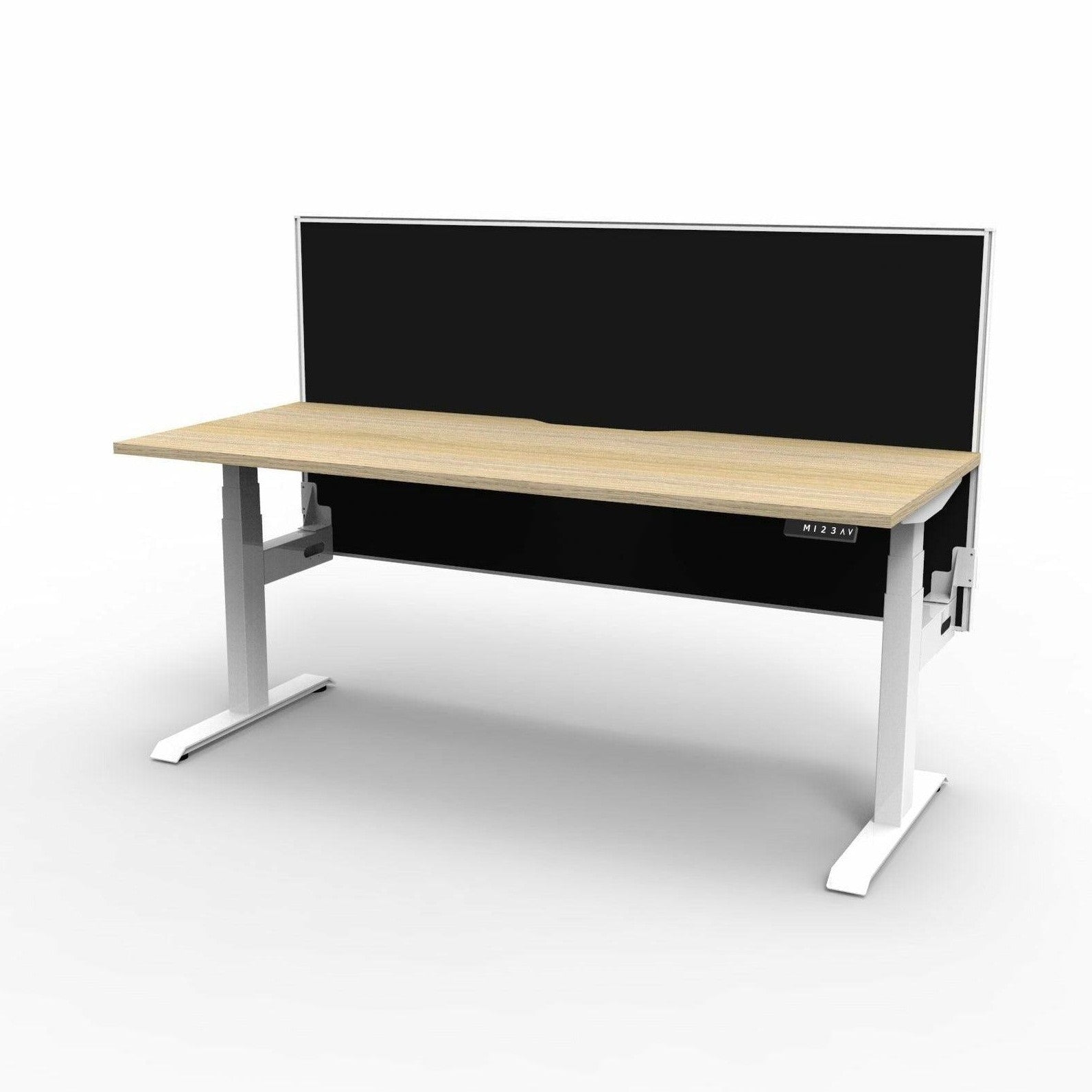 Boost Light Electric Height Adjustable Desk 1200W X 750D Natural Oak Top & White Frame Without Cable Tray/With Screen - Office Furniture Company