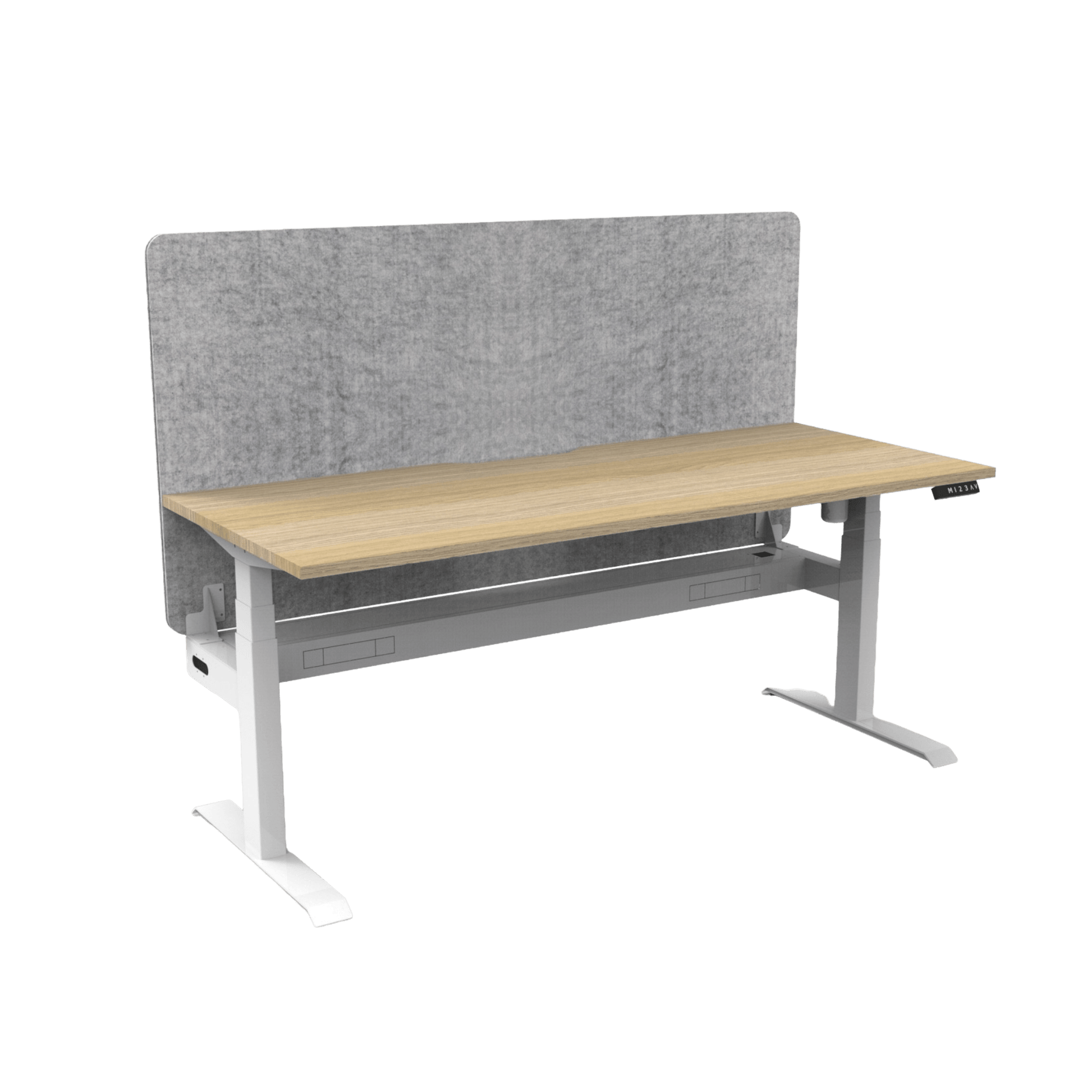 Boost Light Electric Height Adjustable Desk with Grey Eco Panel Screen 1200x750 Natural Oak Top / White Frame With Cable Tray