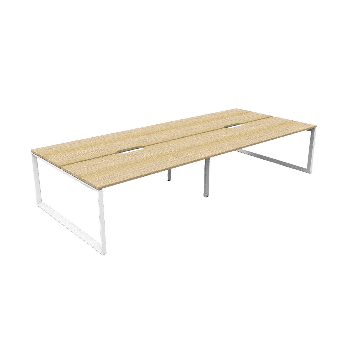 Deluxe Loop Leg Double Sided 4 Person Office Workstations 4 x 1500x750 Natural Oak White Powdercoat