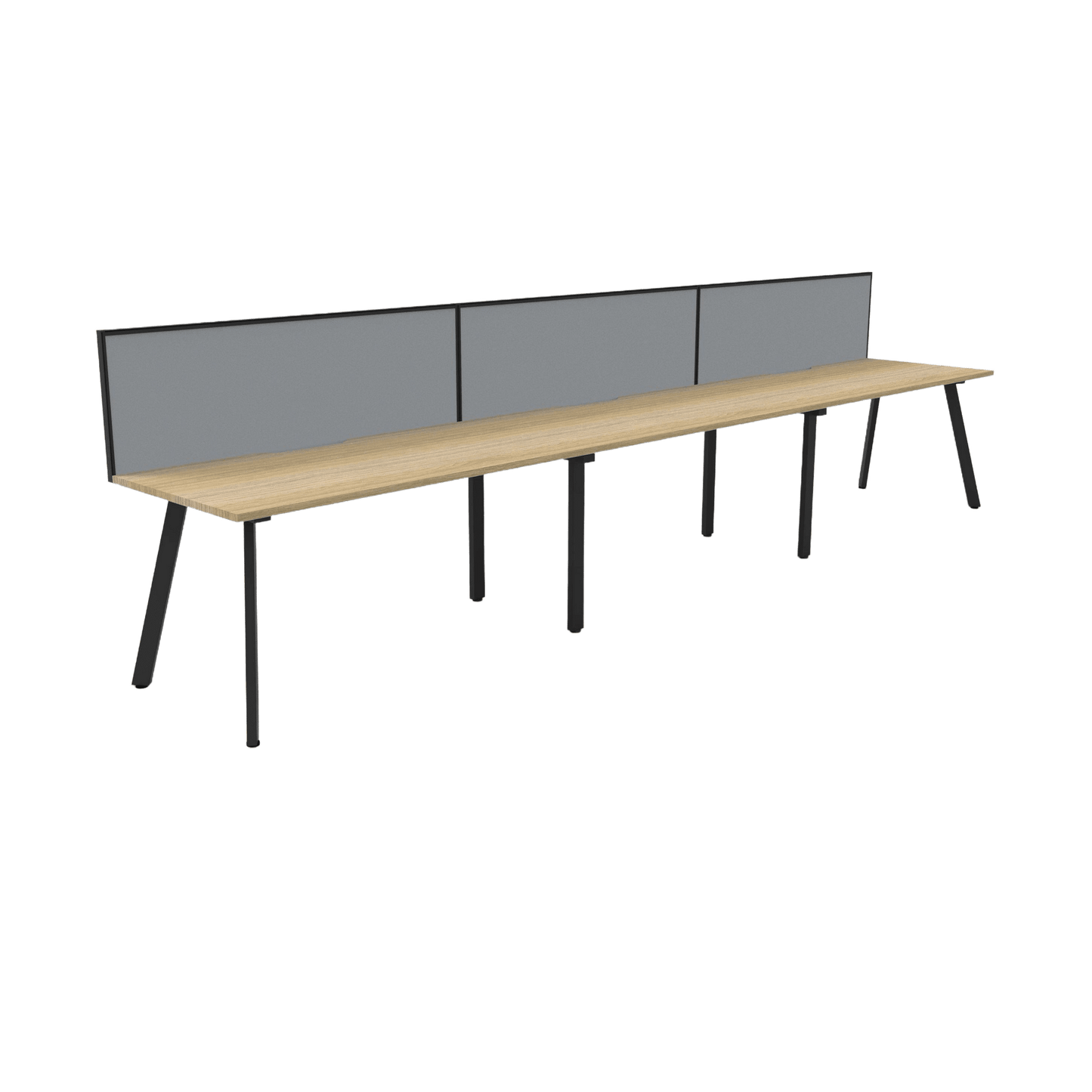 Eternity 3 Person Single Sided Workstation with Screen in Natural Oak 3 x 1200x750 / Black Powdercoat / Grey Screen / Black Frame