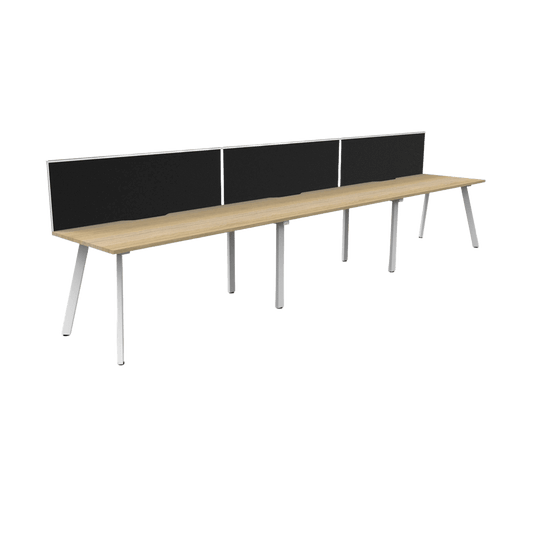 Eternity 3 Person Single Sided Workstation with Screen in Natural Oak 3 X ( 1200 X 750 ) White Powdercoat Black Screen with White Frame - Office Furniture Company