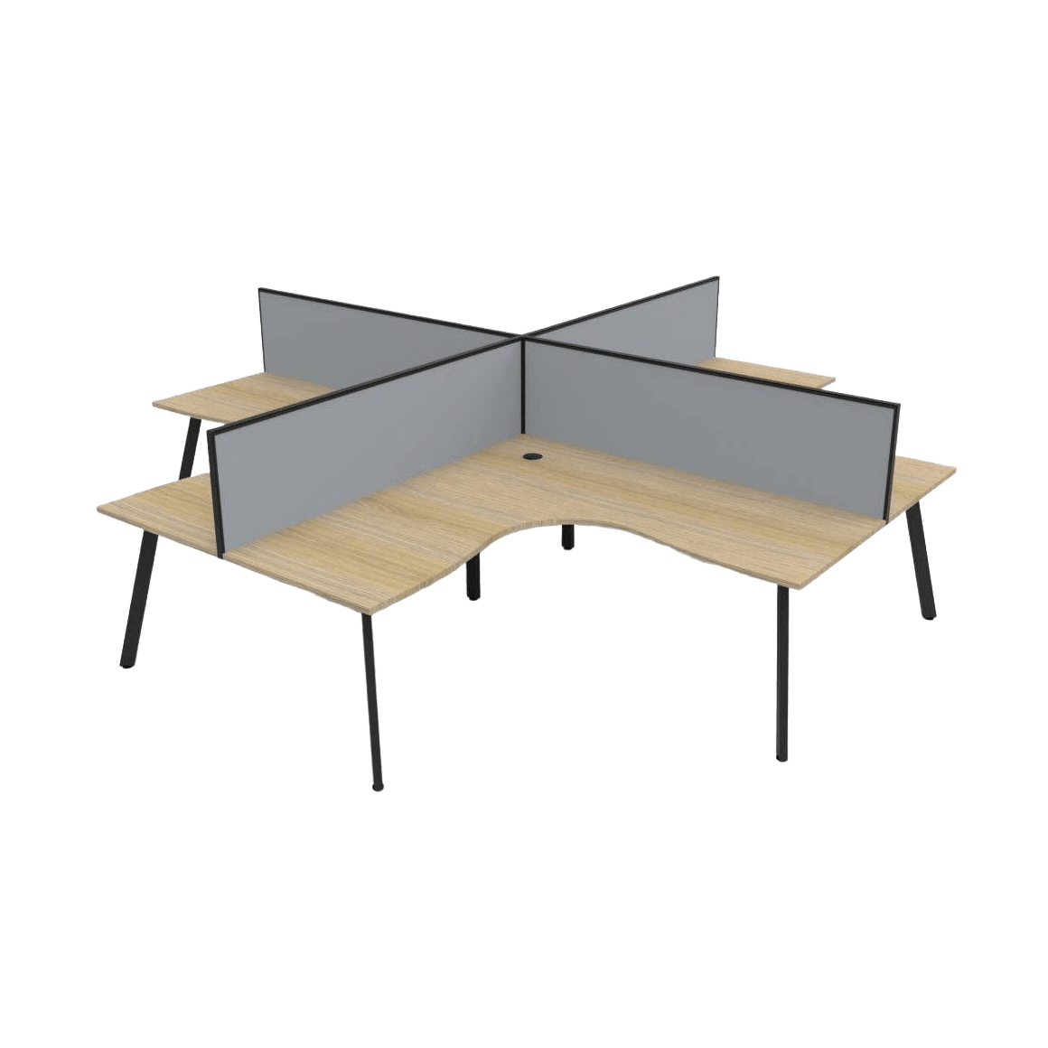 Eternity 4 Person Corner Workstation with Grey Screens 3000x3000 Natural Oak Black Powdercoat