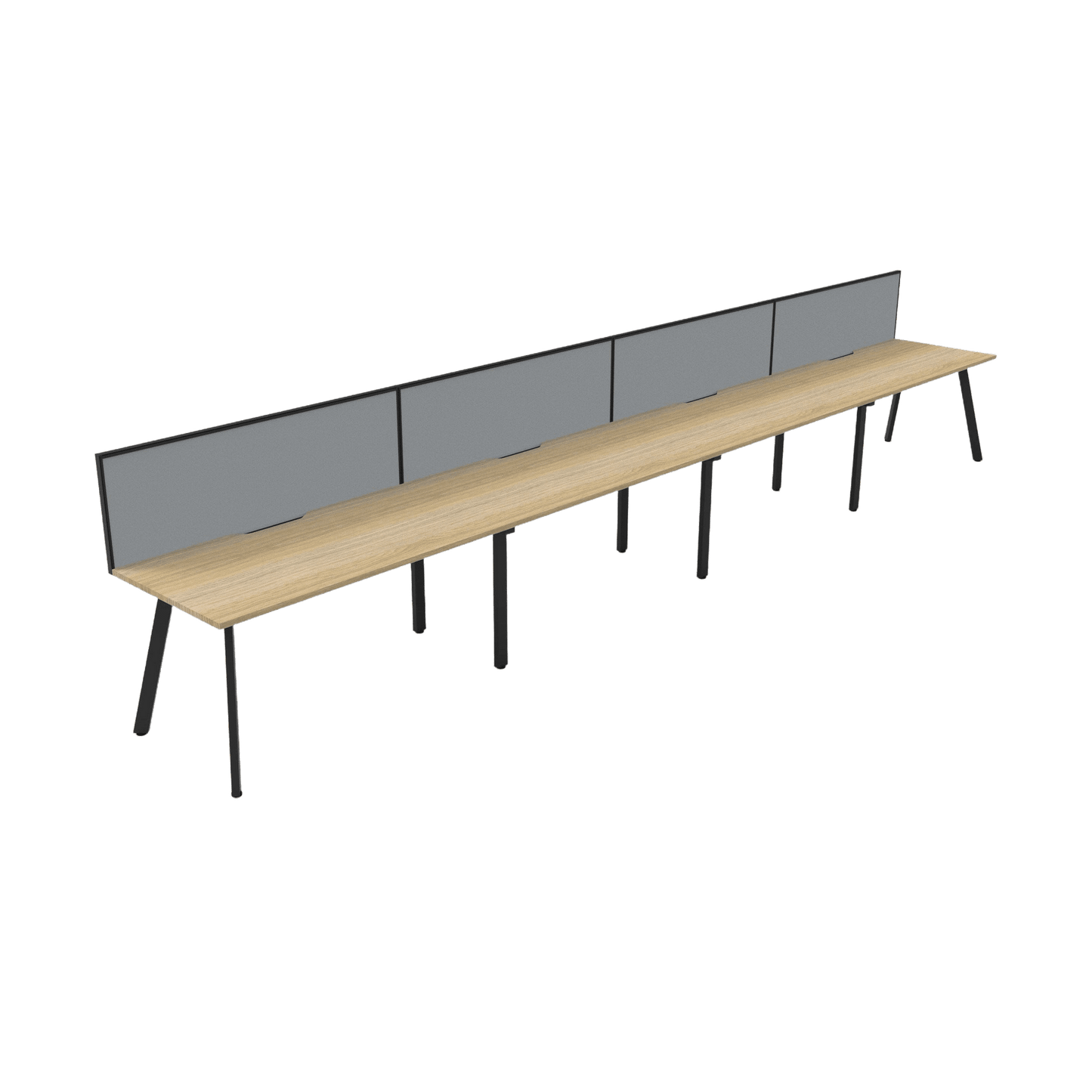 Eternity 4 Person Single Sided Workstation with Screen in Natural Oak 4 x 1200x750 Black Powdercoat Grey Screen / Black Frame
