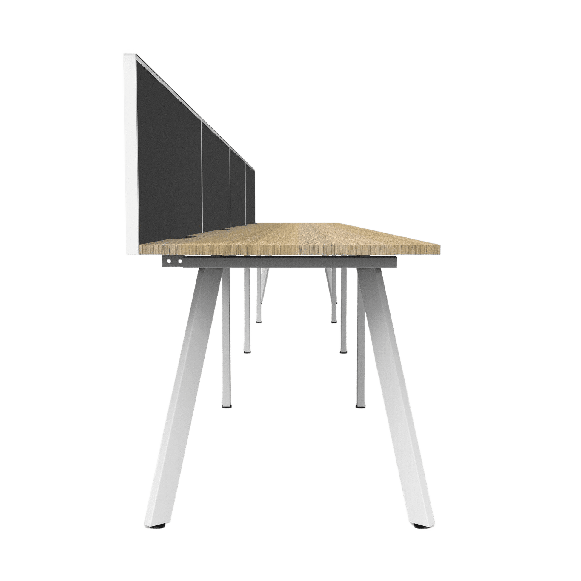 Eternity 4 Person Single Sided Workstation with Screen in Natural Oak 4 x 1200x750 White Powdercoat Black Screen / White Frame