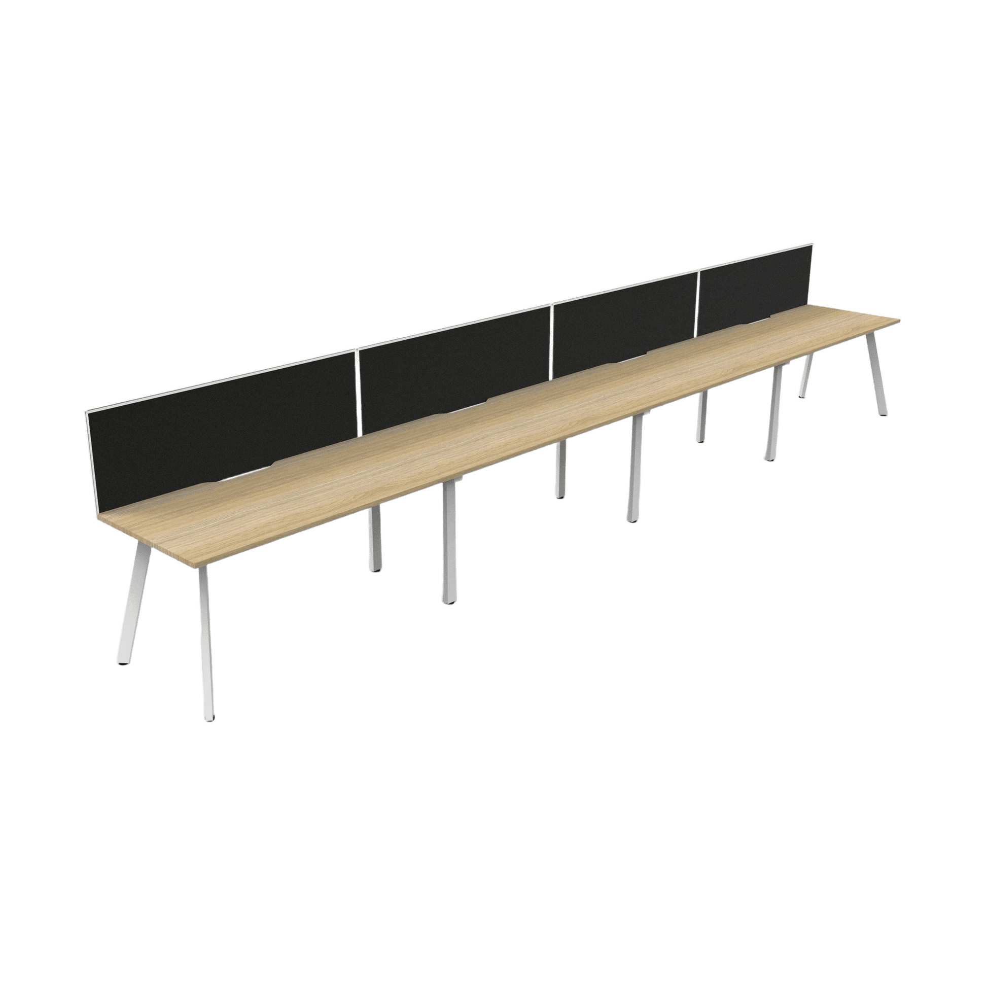 Eternity 4 Person Single Sided Workstation with Screen in Natural Oak 4 x 1200x750 White Powdercoat Black Screen / White Frame
