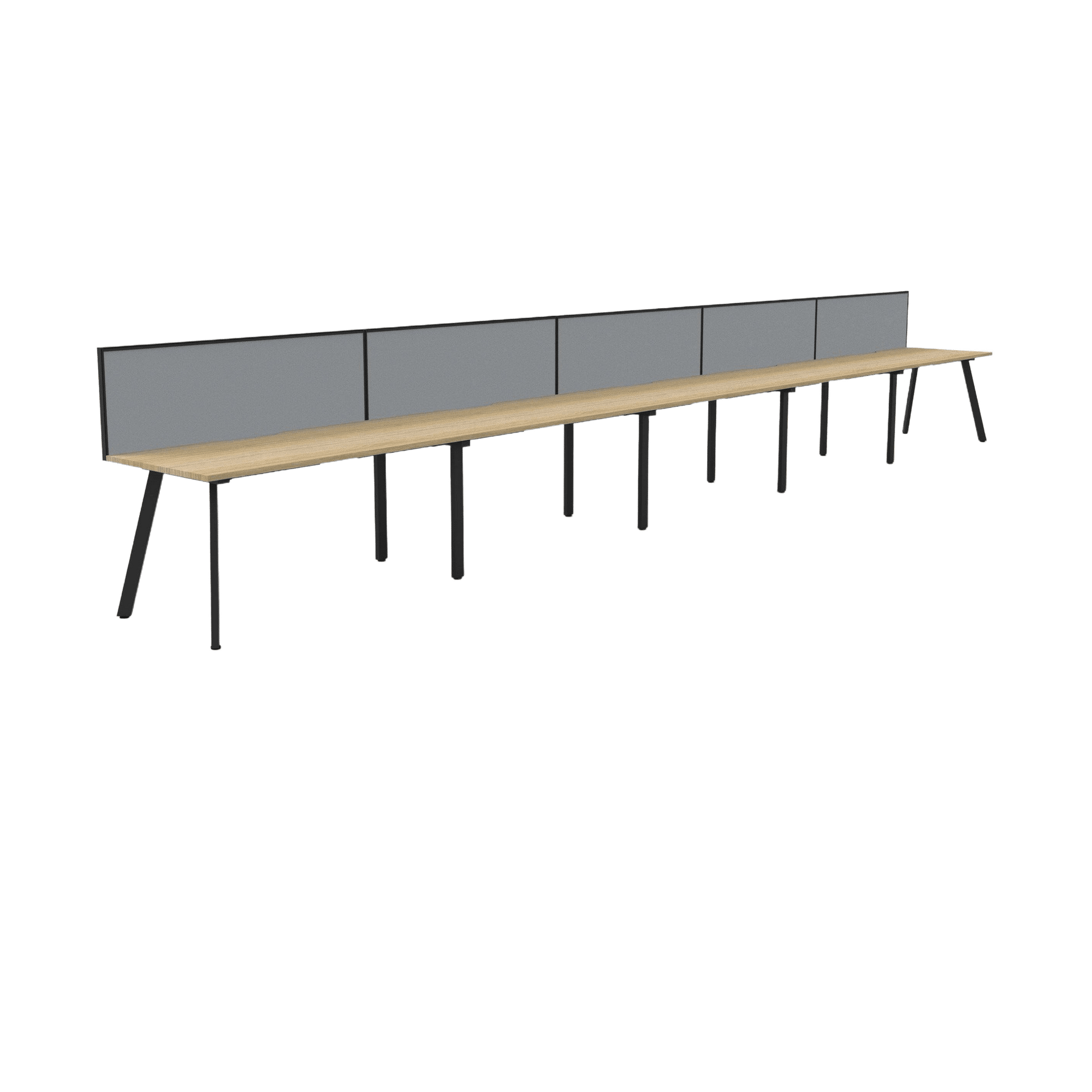 Eternity 5 Person Single Sided Workstation with Screens (Natural Oak Worktop) 5 x 1200x750 / Black Powdercoat / Grey Screen / Black Frame