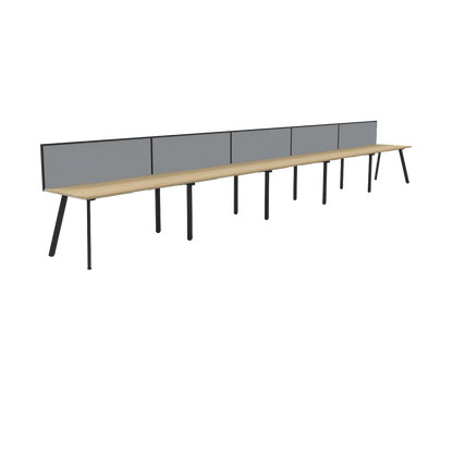 Eternity 5 Person Single Sided Workstation with Screens (Natural Oak Worktop) 5 x 1200x750 / Black Powdercoat / Grey Screen / Black Frame