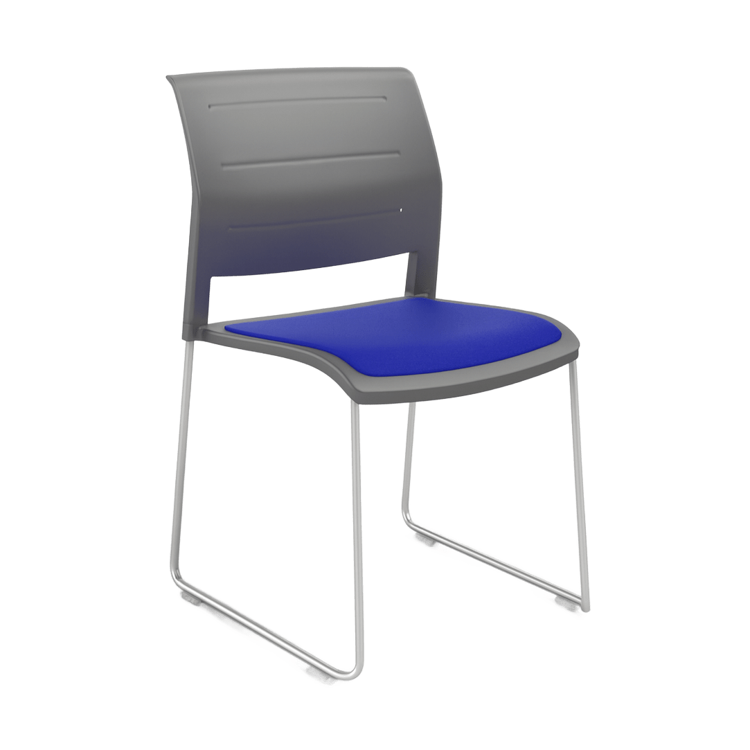 Game Chair Grey Shell with Upholstered Seat and Moulded Plastic Back Sled Base Chrome Blue - Office Furniture Company