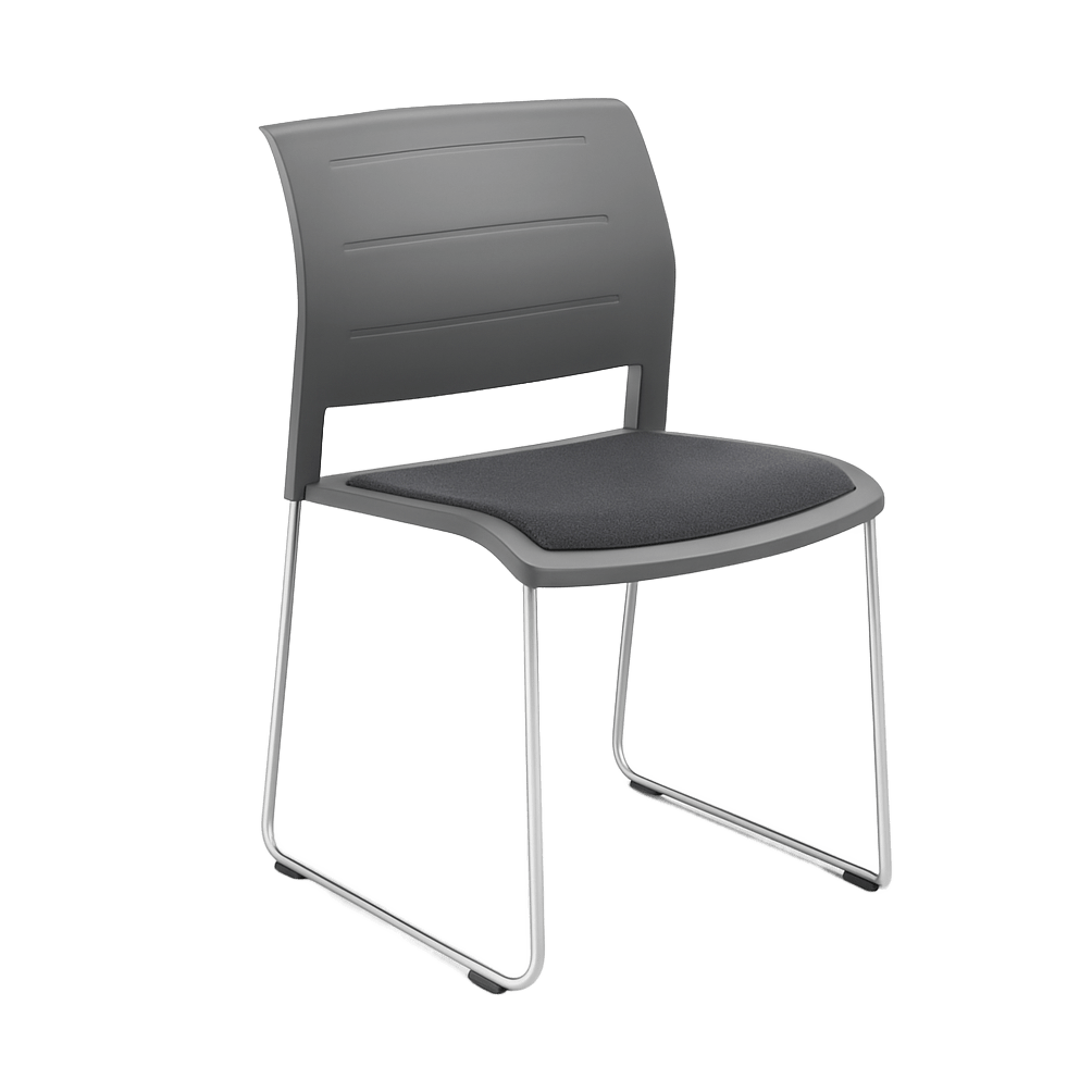 Game Chair Grey Shell with Upholstered Seat and Moulded Plastic Back Sled Base Chrome Grey - Office Furniture Company