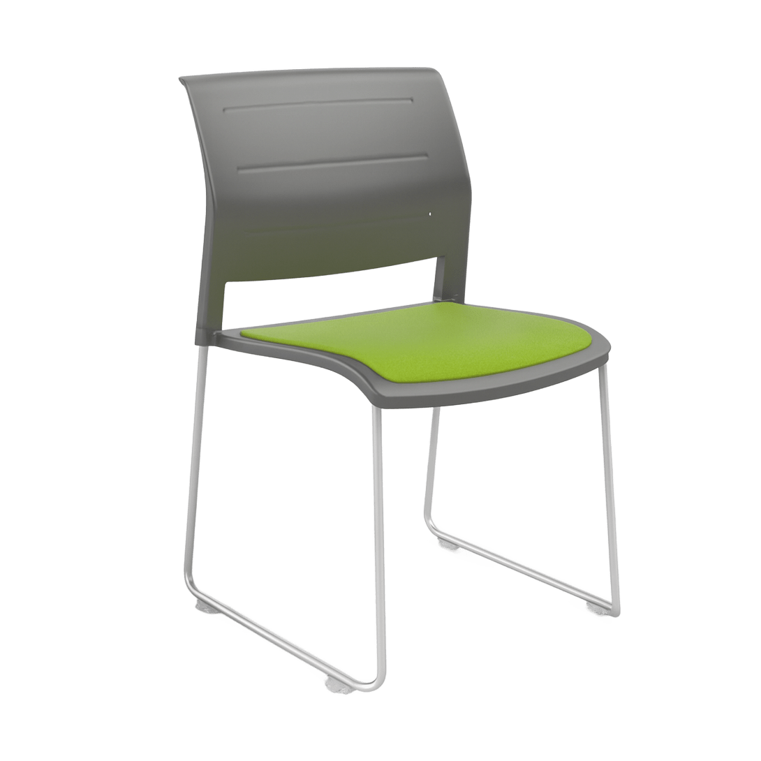 Game Chair Grey Shell with Upholstered Seat and Moulded Plastic Back Sled Base Silver Green - Office Furniture Company