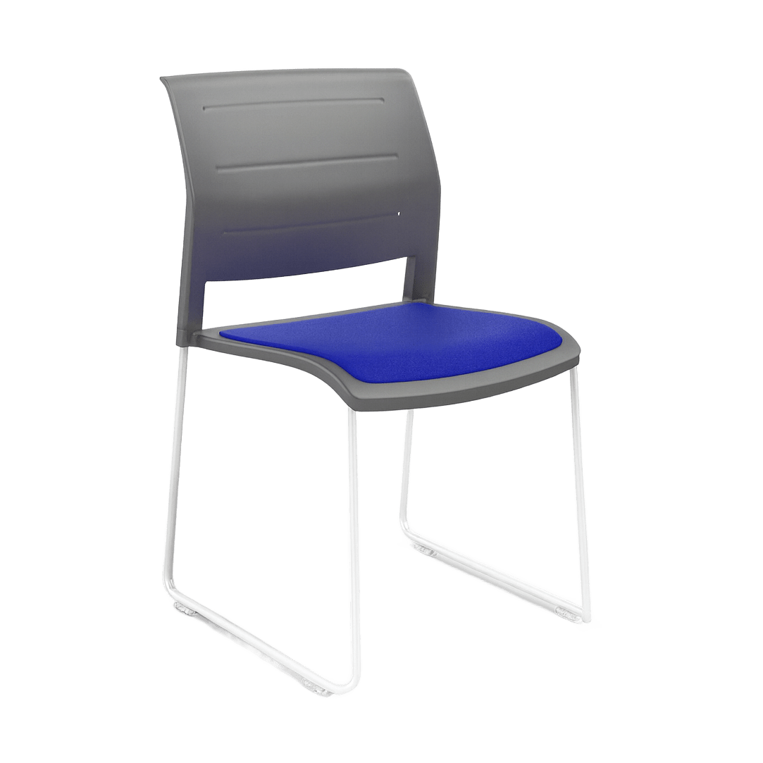 Game Chair Grey Shell with Upholstered Seat and Moulded Plastic Back Sled Base White Blue - Office Furniture Company