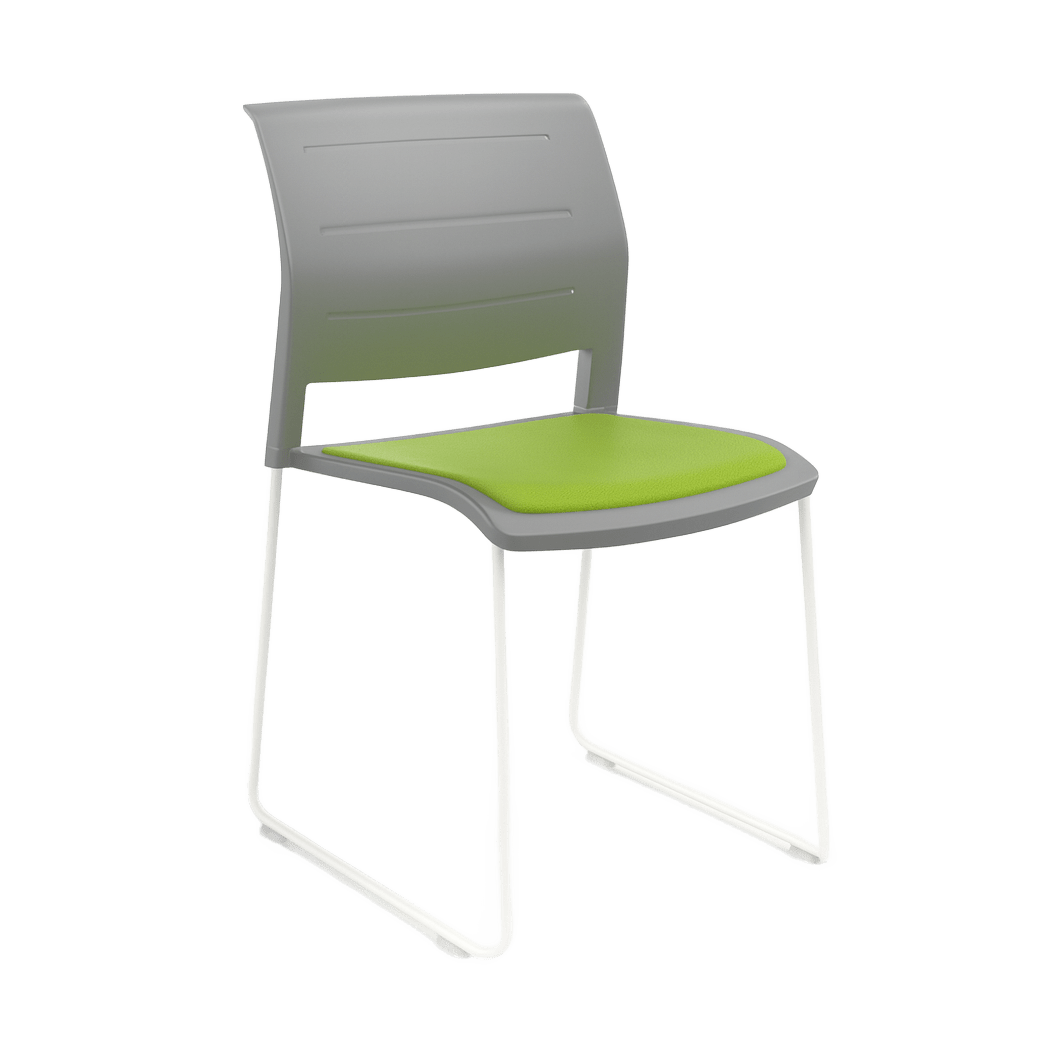 Game Chair Grey Shell with Upholstered Seat and Moulded Plastic Back Sled Base White Green - Office Furniture Company