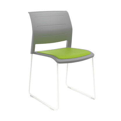 Game Chair Grey Shell with Upholstered Seat and Moulded Plastic Back Sled Base White Green - Office Furniture Company