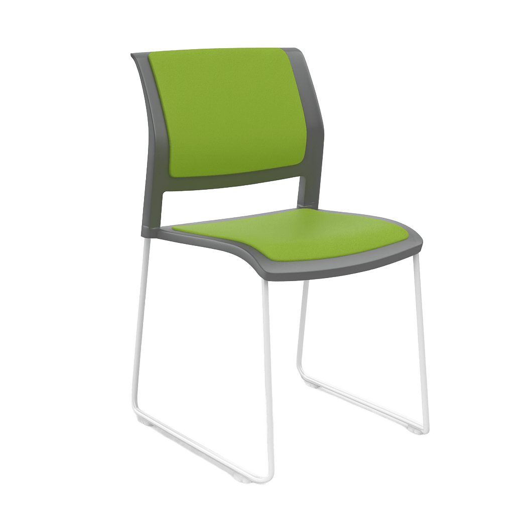 Game Chair Grey Shell with Upholstered Seat & Back Sled Base / White Metal Base / Green Breathe (LG)