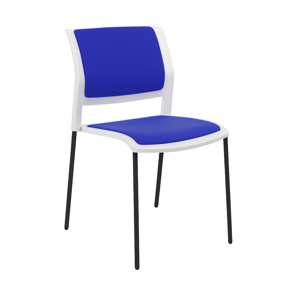 Game Chair White Shell with Upholstered Seat and Moulded Plastic Back 4 Leg Black Blue - Office Furniture Company