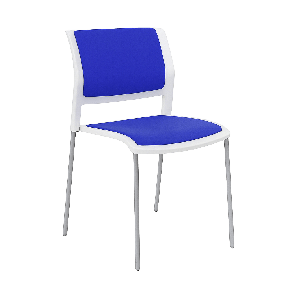 Game Chair White Shell with Upholstered Seat and Moulded Plastic Back 4 Leg Silver Blue - Office Furniture Company