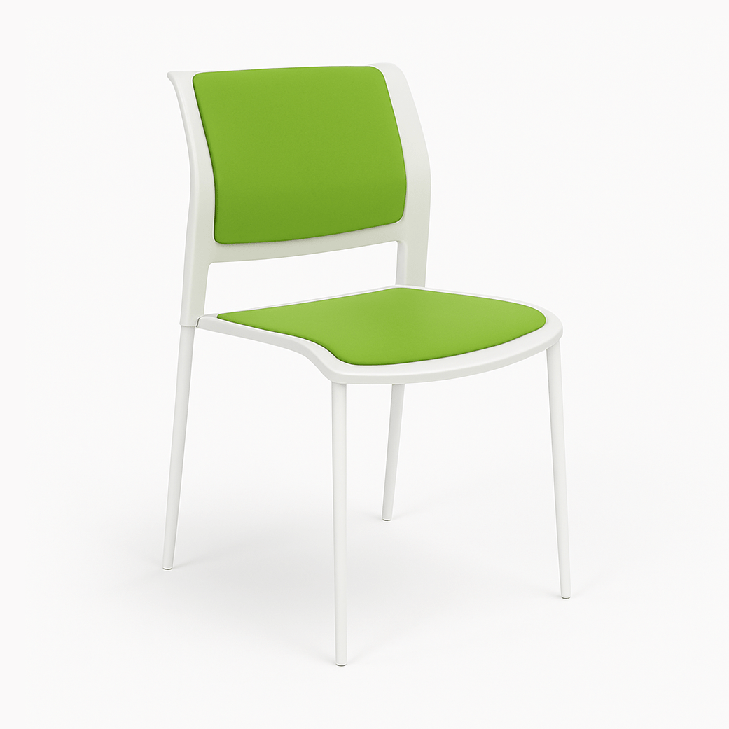 Game Chair White Shell with Upholstered Seat and Moulded Plastic Back 4 Leg White Green - Office Furniture Company
