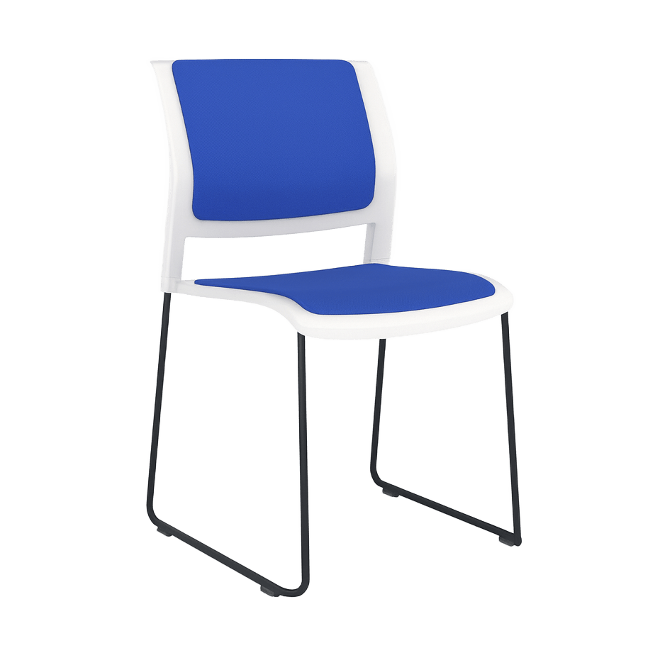 Game Chair White Shell with Upholstered Seat and Moulded Plastic Back Sled Base Black Blue - Office Furniture Company