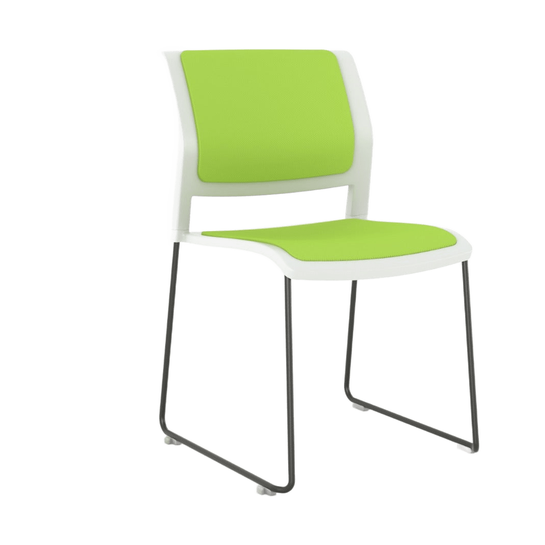 Game Chair White Shell with Upholstered Seat and Moulded Plastic Back Sled Base Black Green - Office Furniture Company