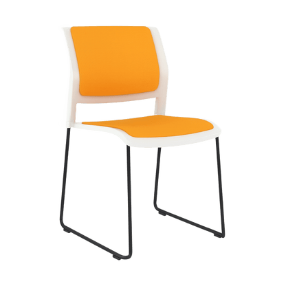 Game Chair White Shell with Upholstered Seat and Moulded Plastic Back Sled Base Black Orange - Office Furniture Company