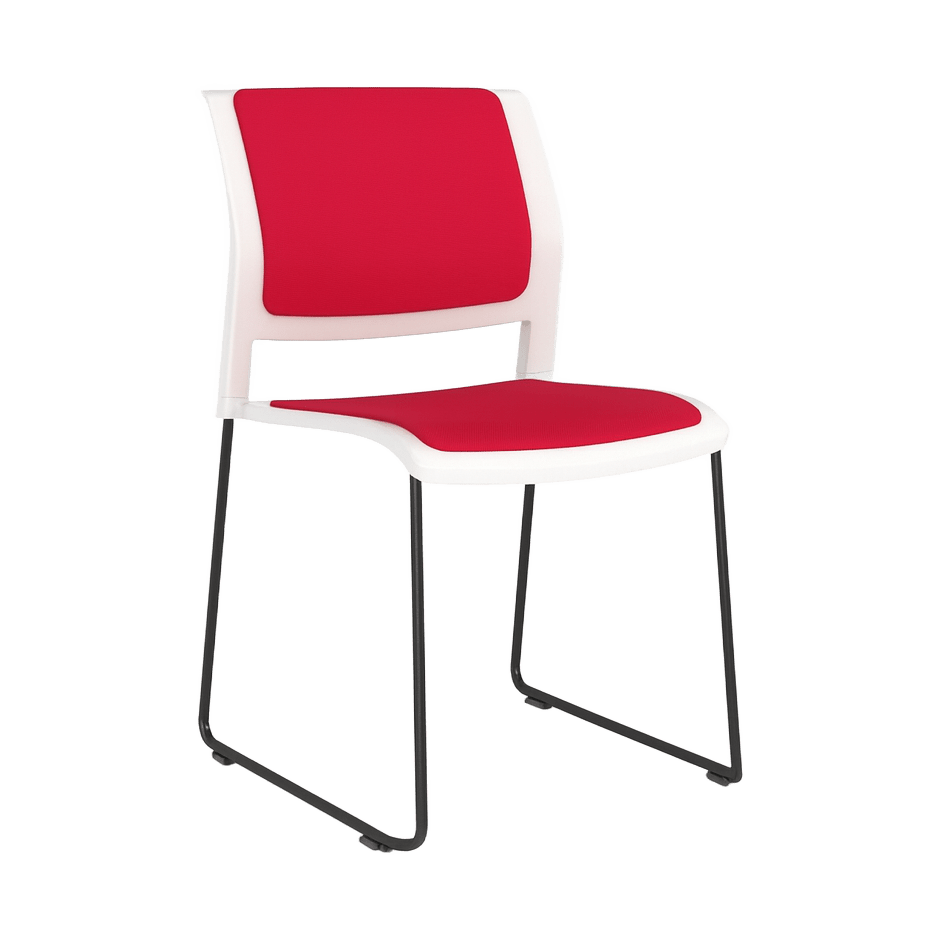 Game Chair White Shell with Upholstered Seat and Moulded Plastic Back Sled Base Black Red - Office Furniture Company