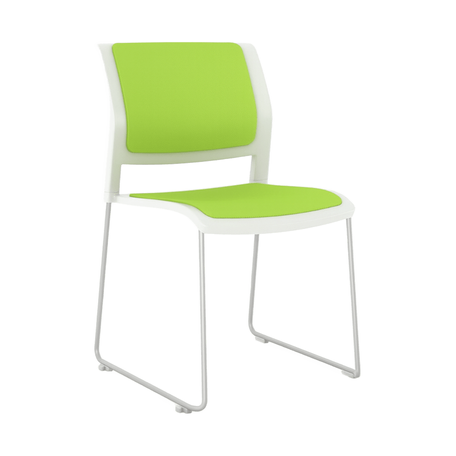 Game Chair White Shell with Upholstered Seat and Moulded Plastic Back Sled Base Silver Green - Office Furniture Company