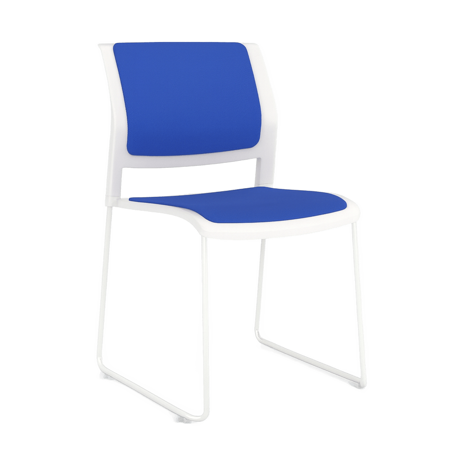 Game Chair White Shell with Upholstered Seat and Moulded Plastic Back Sled Base White Blue - Office Furniture Company