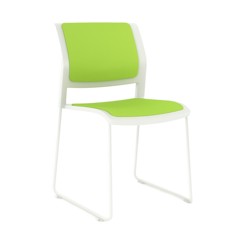 Game Chair White Shell with Upholstered Seat and Moulded Plastic Back Sled Base White Green - Office Furniture Company